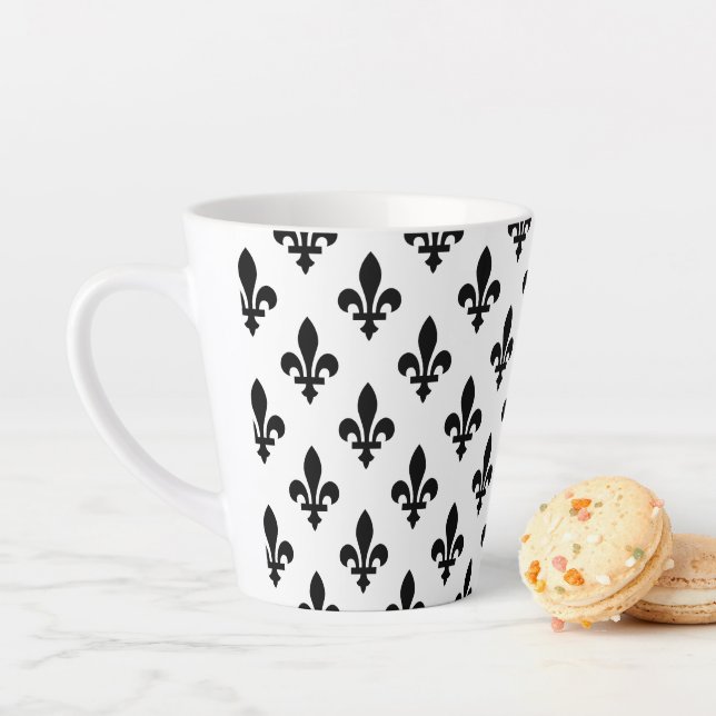 Fleur de Lis Pattern, Royal French, Black on White Latte Mug (In Situ)