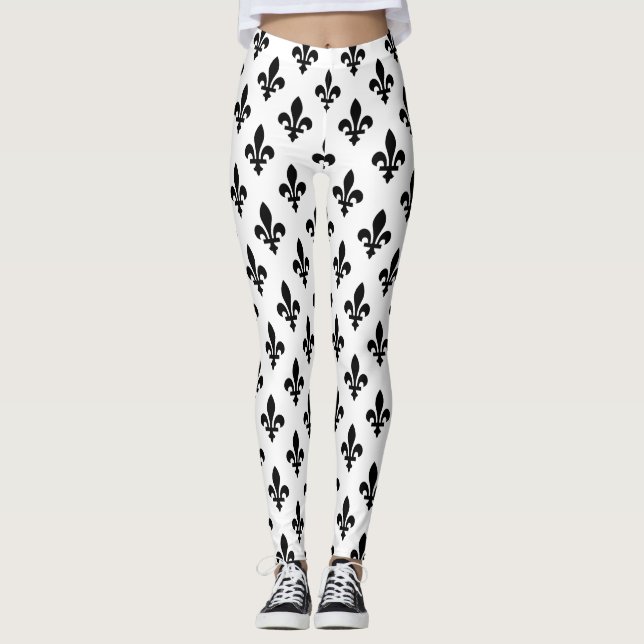 Fleur de Lis Pattern, Royal French, Black on White Leggings (Front)