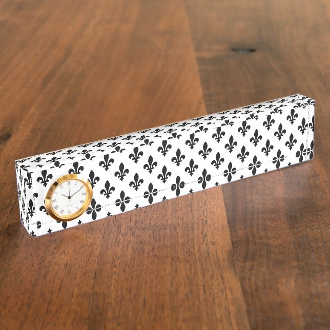 Fleur de Lis Pattern, Royal French, Black on White Nameplate (Side)