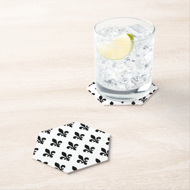 Fleur de Lis Pattern, Royal French, Black on White Paper Coaster (Insitu)