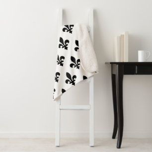 Fleur de Lis Pattern, Royal French, Black on White Sherpa Blanket