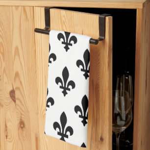 Fleur de Lis Pattern, Royal French, Black on White Tea Towel
