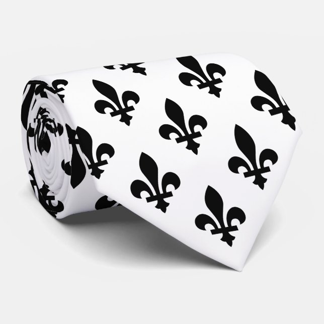 Fleur de Lis Pattern, Royal French, Black on White Tie (Rolled)