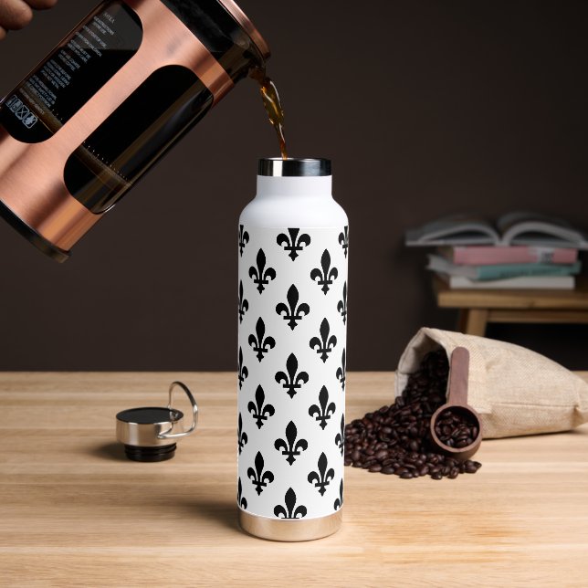 Fleur de Lis Pattern, Royal French, Black on White Water Bottle (Coffee)