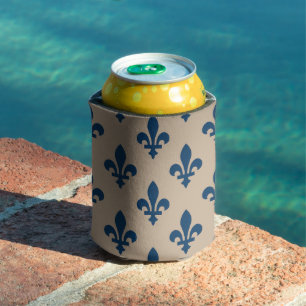 Fleur de Lis Pattern, Royal French Blue on Cream Can Cooler
