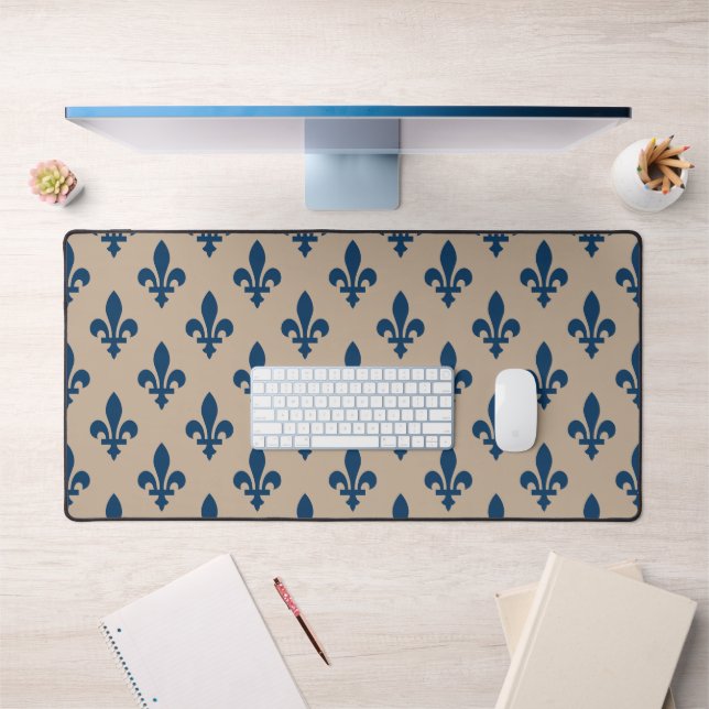 Fleur de Lis Pattern, Royal French Blue on Cream Desk Mat (Office 1)