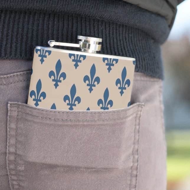 Fleur de Lis Pattern, Royal French Blue on Cream Hip Flask (In Situ)