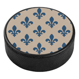 Fleur de Lis Pattern, Royal French Blue on Cream Hockey Puck