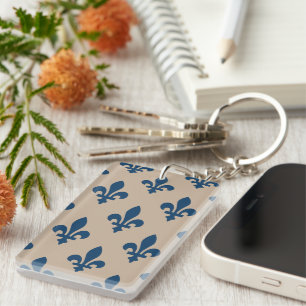 Fleur de Lis Pattern, Royal French Blue on Cream Key Ring