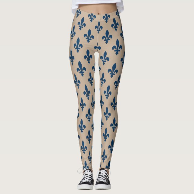 Fleur de Lis Pattern, Royal French Blue on Cream Leggings (Front)