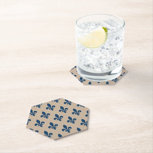Fleur de Lis Pattern, Royal French Blue on Cream Paper Coaster (Insitu)