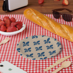 Fleur de Lis Pattern, Royal French Blue on Cream Paper Plate