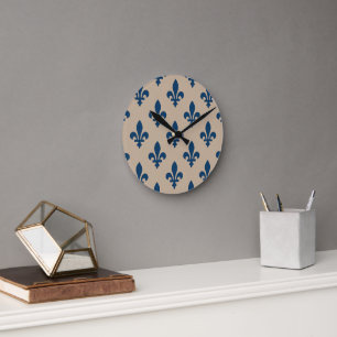 Fleur de Lis Pattern, Royal French Blue on Cream Round Clock