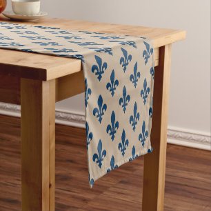 Fleur de Lis Pattern, Royal French Blue on Cream Short Table Runner