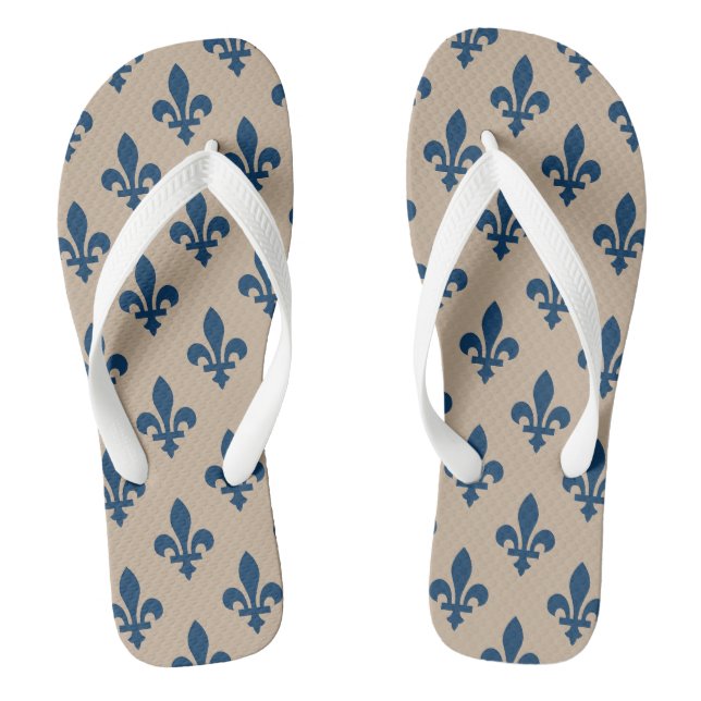 Fleur de Lis Pattern, Royal French Blue on Cream Thongs (Footbed)