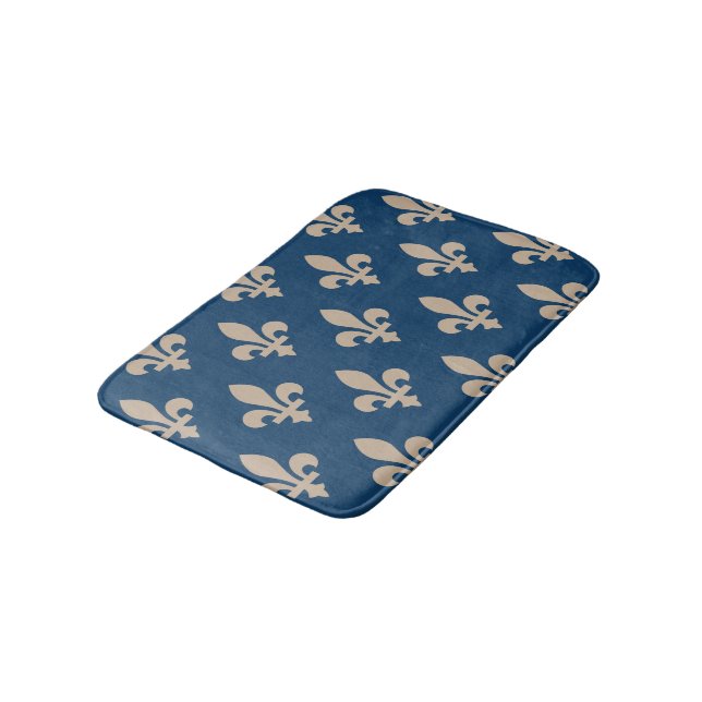 Fleur de Lis Pattern, Royal French, Cream on Blue Bath Mat (Angled)