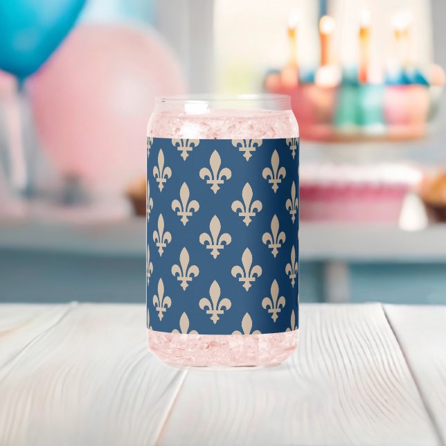 Fleur de Lis Pattern, Royal French, Cream on Blue Can Glass (Insitu (Baby Shower))