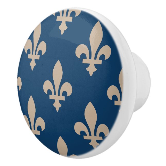 Fleur de Lis Pattern, Royal French, Cream on Blue Ceramic Knob (Right)