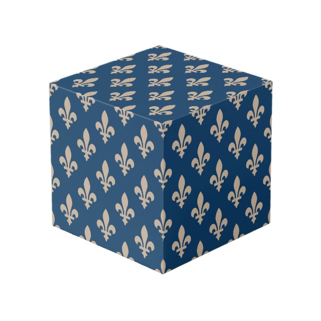 Fleur de Lis Pattern, Royal French, Cream on Blue Cube (Front Angled)