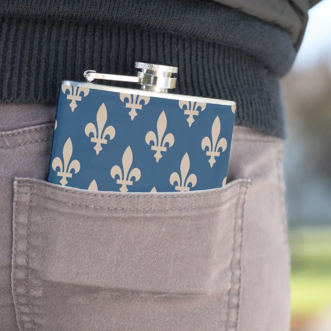 Fleur de Lis Pattern, Royal French, Cream on Blue Hip Flask (In Situ)