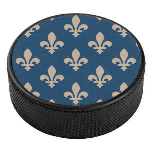 Fleur de Lis Pattern, Royal French, Cream on Blue Hockey Puck