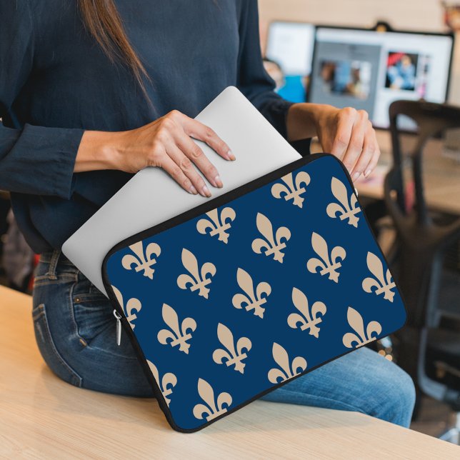 Fleur de Lis Pattern, Royal French, Cream on Blue Laptop Sleeve (Creator Uploaded)
