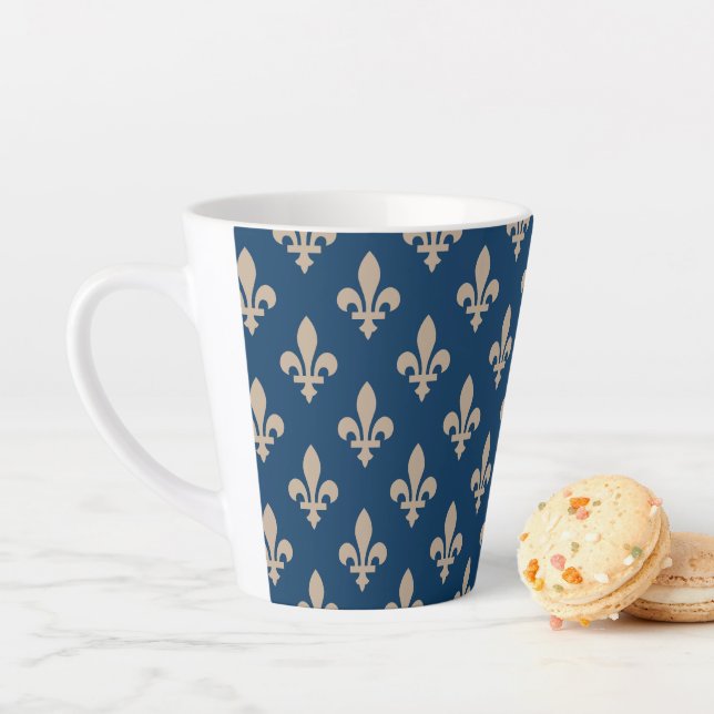 Fleur de Lis Pattern, Royal French, Cream on Blue Latte Mug (In Situ)