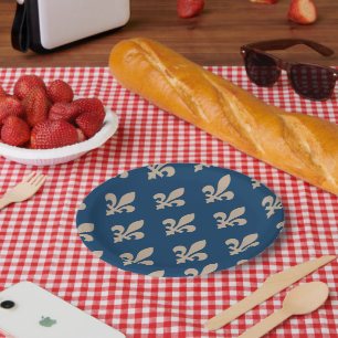 Fleur de Lis Pattern, Royal French, Cream on Blue Paper Plate