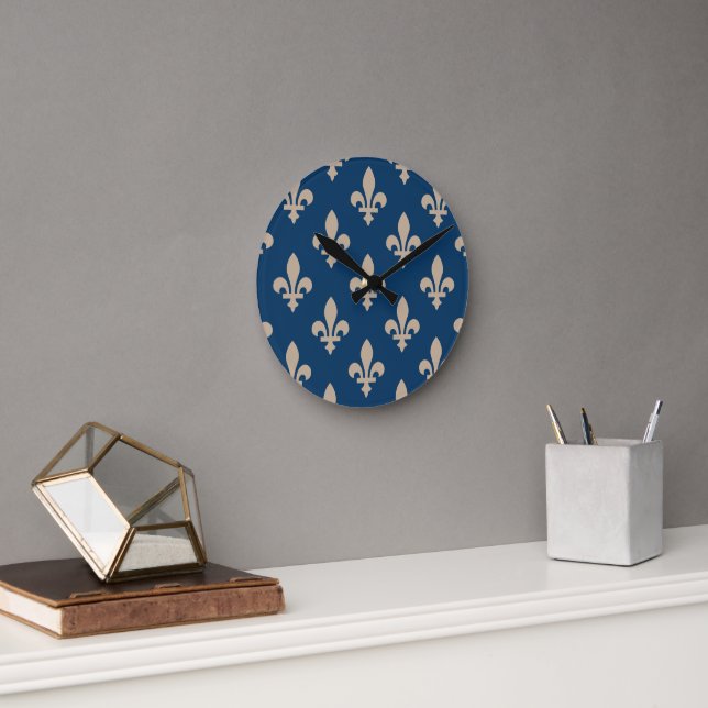 Fleur de Lis Pattern, Royal French, Cream on Blue Round Clock (Office)