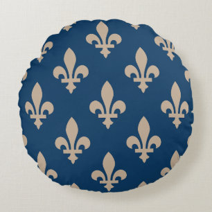 Fleur de Lis Pattern, Royal French, Cream on Blue Round Cushion