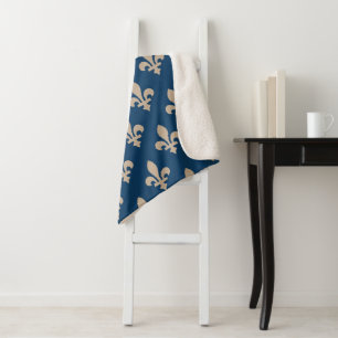 Fleur de Lis Pattern, Royal French, Cream on Blue Sherpa Blanket
