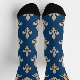Fleur de Lis Pattern, Royal French, Cream on Blue Socks