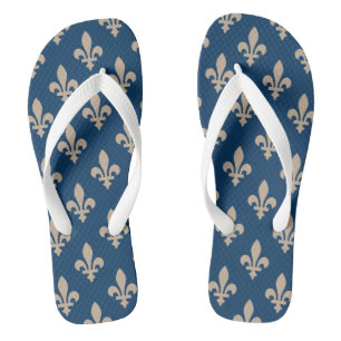 Fleur de Lis Pattern, Royal French, Cream on Blue Thongs