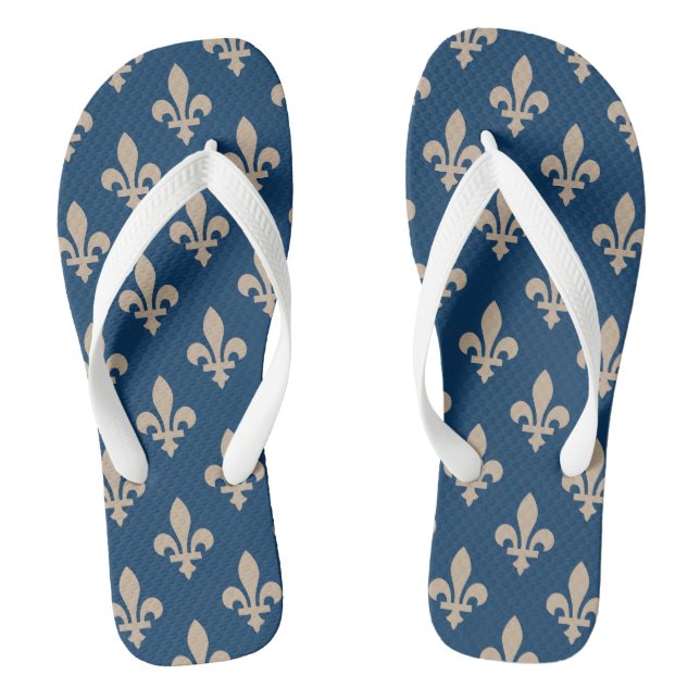 Fleur de Lis Pattern, Royal French, Cream on Blue Thongs (Footbed)