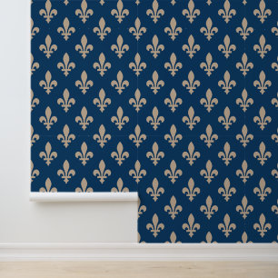 Fleur de Lis Pattern, Royal French, Cream on Blue Wallpaper