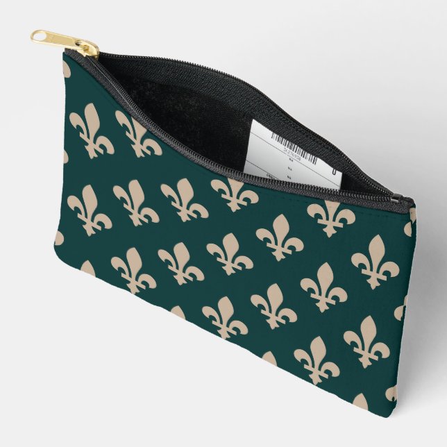 Fleur de Lis Pattern, Royal French Cream on Green Accessory Pouch (Open)