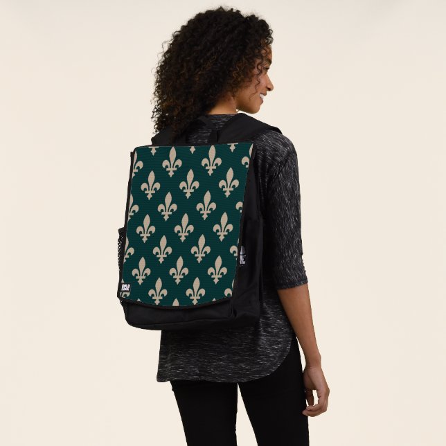Fleur de Lis Pattern, Royal French Cream on Green Backpack (Worn)