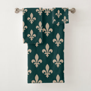 Fleur de Lis Pattern, Royal French Cream on Green Bath Towel Set