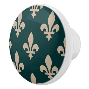 Fleur de Lis Pattern, Royal French Cream on Green Ceramic Knob