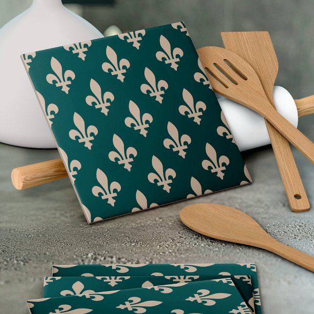 Fleur de Lis Pattern, Royal French Cream on Green Ceramic Tile (Creator Uploaded)