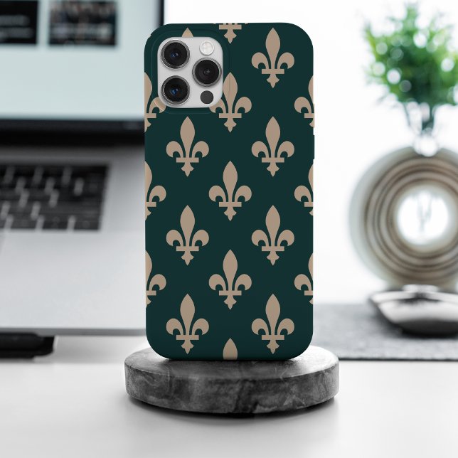 Fleur de Lis Pattern, Royal French Cream on Green iPhone Case (Creator Uploaded)