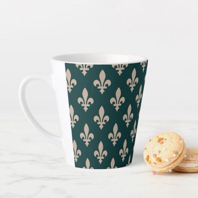 Fleur de Lis Pattern, Royal French Cream on Green Latte Mug (In Situ)