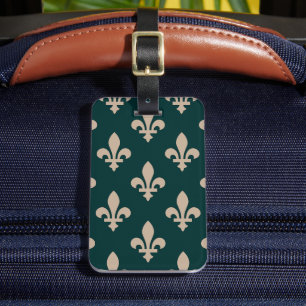 Fleur de Lis Pattern, Royal French Cream on Green Luggage Tag