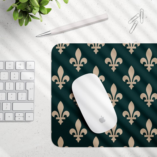 Fleur de Lis Pattern, Royal French Cream on Green Mouse Pad (Creator Uploaded)