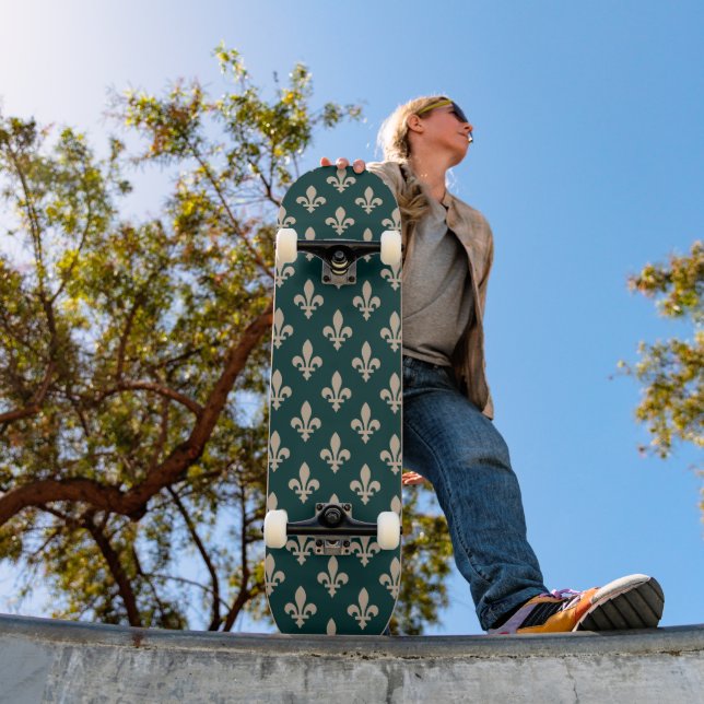 Fleur de Lis Pattern, Royal French Cream on Green Skateboard (Outdoor 1)
