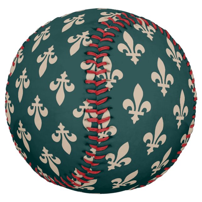 Fleur de Lis Pattern, Royal French Cream on Green Softball (Angled)