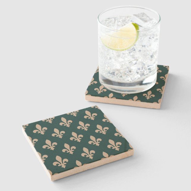 Fleur de Lis Pattern, Royal French Cream on Green Stone Coaster (Side)