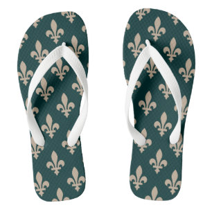 Fleur de Lis Pattern, Royal French Cream on Green Thongs