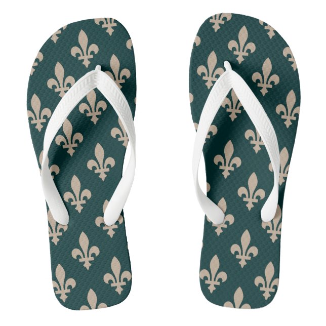 Fleur de Lis Pattern, Royal French Cream on Green Thongs (Footbed)