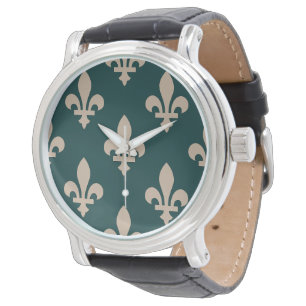 Fleur de Lis Pattern, Royal French Cream on Green Watch